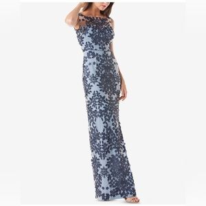 JS Collections Light Blue and Navy Lace Appliqué Evening Gown